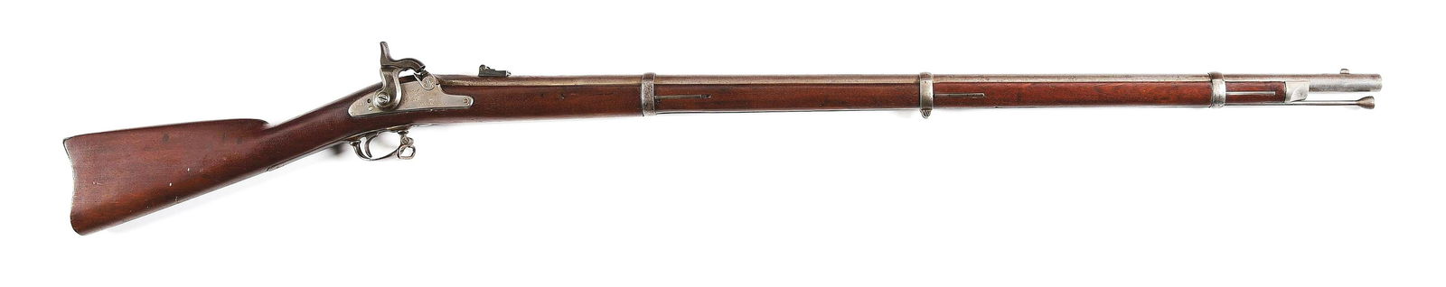 (A) ASSEMBLED U.S. SPRINGFIELD MODEL 1863 PERCUSSION MUSKET.: Standard National Armory Bright 40" barrel bored out to .65 smoothbore and marked with standard "V / P / (Eagle Head)" proof and "1864" date. Blade front sight and 2-leaf rear sight. Ill fitting repla