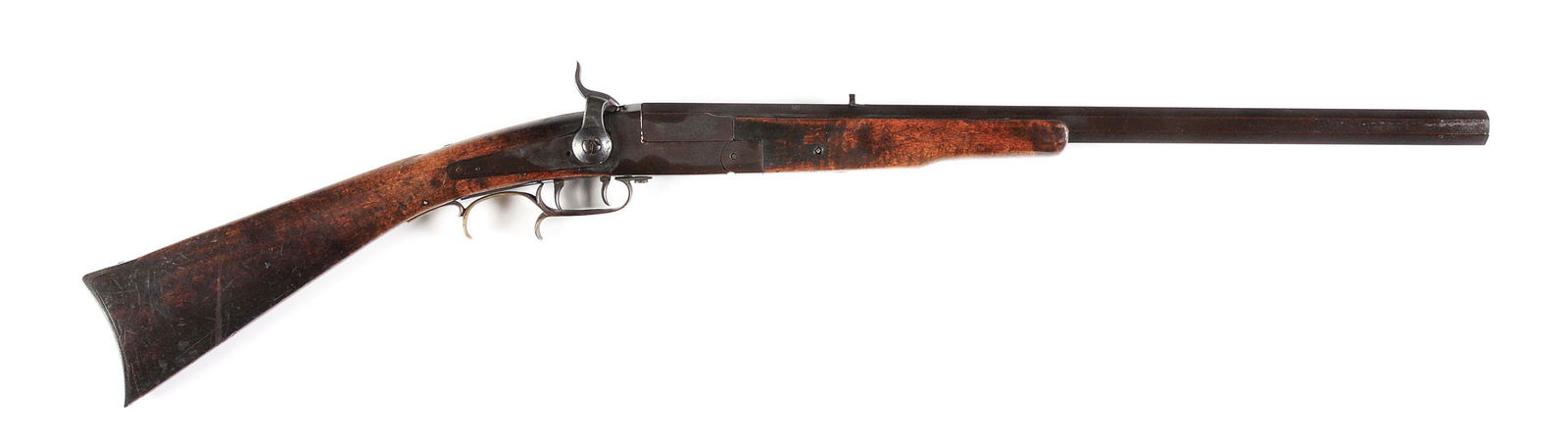 (A) J. M. WATSON SINGLE SHOT PERCUSSION RIFLE: Unique gun for both the Civil War collector and Kentucky rifle collector. This gun is constructed from a Starr Civil War carbine and made into a break open rifle using the lock from a Starr and some o