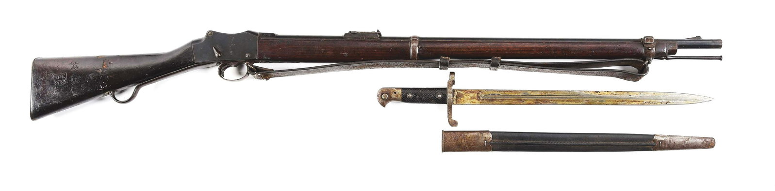 (A) ENFIELD MARK IV MARTINI-HENRY SINGLE SHOT RIFLE WITH BAYONET.: Manufactured by Enfield in 1887. Arsenal reapplied blued finish throughout. 33" round barrel chambered in .577/450 with proofs at breech, Mk IV front sight blade, and ladder rear sight. Right side of 