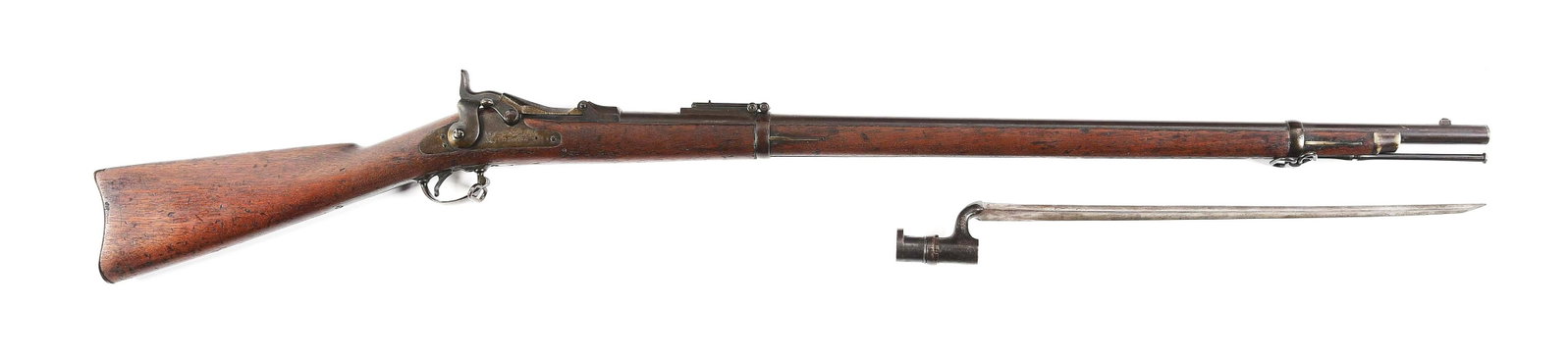 (A) SPRINGFIELD MODEL 1873 TRAPDOOR RIFLE IN 1884 CONFIGURATION.: Receiver manufactured circa 1874. 32 - 5/8" barrel chambered in .45-70 with blade front sight and "R" marked Buffington rear. Low arch breech block marked "US / MODEL / 1884". Lock plate is marked "U.