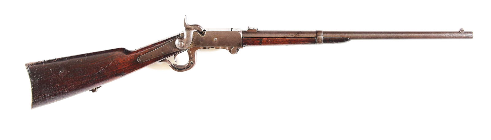 (A) BURNSIDE PERCUSSION CARBINE: Burnside 5th Model percussion carbine made by the Burnside Rifle Company, Bristol, Rhode Island from 1857 to 1865. Blued 21" tapered round barrel with pedestal front sight and rear flip sight. 5th Mod