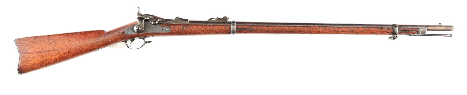 (A) NEW JERSEY MARKED SPRINGFIELD MODEL 1879 TRAPDOOR RIFLE.: Receiver is marked at breech "N.J." and "1 / F" indicating ownership by New Jersey. Otherwise standard issue with 32 - 5/8" blued barrel with "V / P / (Eagle Head)" proof chambered for .45-70 and fitt