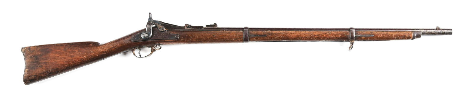 (A) SPRINGFIELD MODEL 1866 SECOND ALLIN CONVERSION TRAPDOOR CADET RIFLE.: Built by Springfield Armory in 1866 with a trapdoor beech designed by Master Armorer Erskine Allin with leftover M1863 musket parts. This example has a shortened 29" barrel sleeved to a .50 centerfire