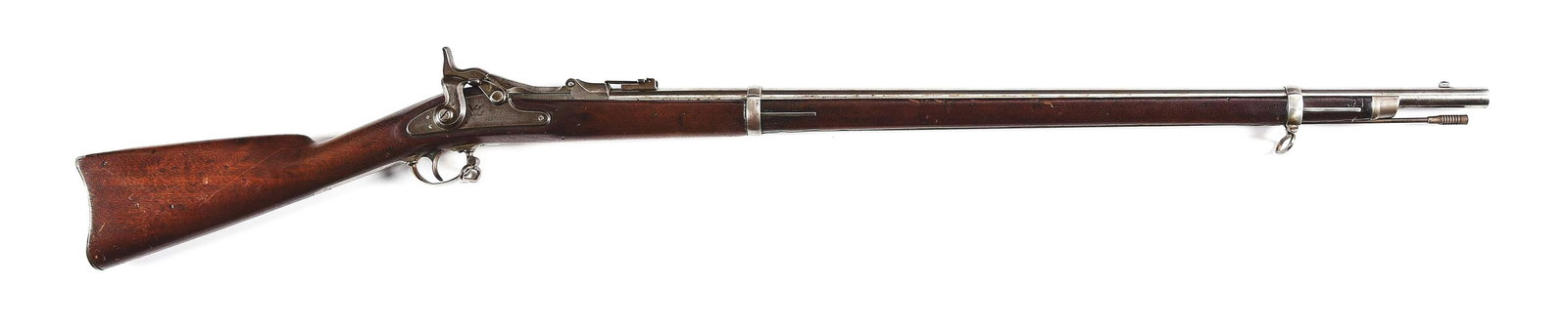 (A) U.S. SPRINGFIELD MODEL 1870 TRAPDOOR RIFLE.: Standard military configuration with 32 - 1/2" National Armory Bright round barrel chambered in .50-70. Blade front sight and ladder rear. High arc beech block marked "MODEL / 1870 / (eagle head) / (c