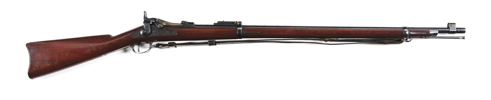 (A) HIGH CONDITION U.S. SPRINGFIELD MODEL 1884 TRAPDOOR RIFLE.: Manufactured in 1889 in full military configuration. Standard blued 32 - 5/8" round barrel chambered for .45-70 and proofed at breech "V / P / (Eagle Head)". Hooded blade front sight and "R" marked Bu