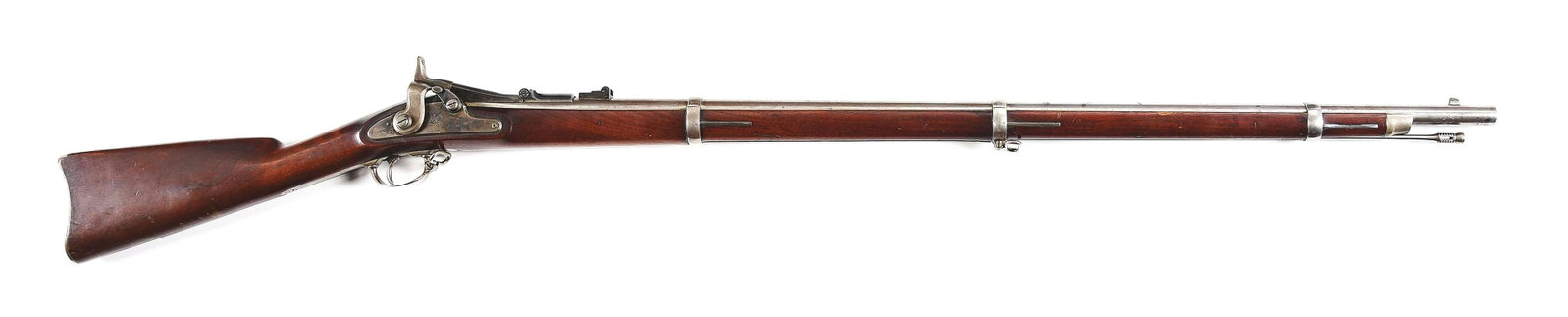 (A) U.S. SPRINGFIELD MODEL 1866 SECOND ALLIN CONVERSION TRAPDOOR RIFLE.: Built in 1866 from leftover Model 1863 musket parts utilizing a trapdoor breechblock conversion to .50-70. Barrel is sleeved to .50 with standard musket sights and oil quenched breech block dated "186