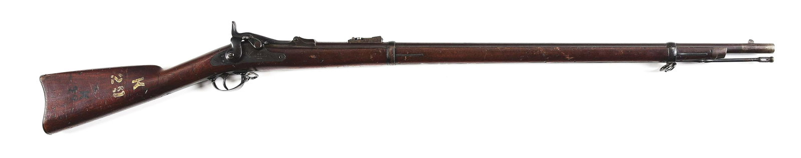 (A) IDENTIFIED NEW JERSEY MARKED U.S. SPRINGFIELD MODEL 1873 TRAPDOOR RIFLE.: Manufactured in 1874 in standard military configuration. 32 - 5/8" blued round barrel chambered in .45-70 with blade front sight and rifle rear sight graduated to 1,200 yards. High arch breech block m