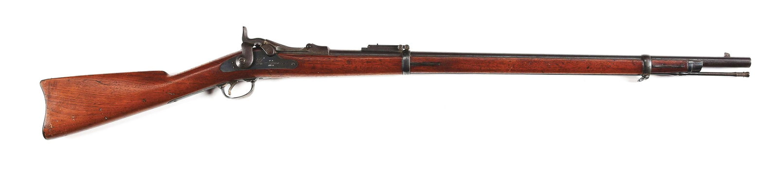 (A) RARE U.S. SPRINGFIELD MODEL 1877 TRAPDOOR CADET RIFLE.: Only 1,050 Model 1877 transitional cadet rifles were originally manufactured from 1877 to 1878, with this rifle produced in 1878. Fit with proper cadet length blued barrel chambered in .45-70 with "P 