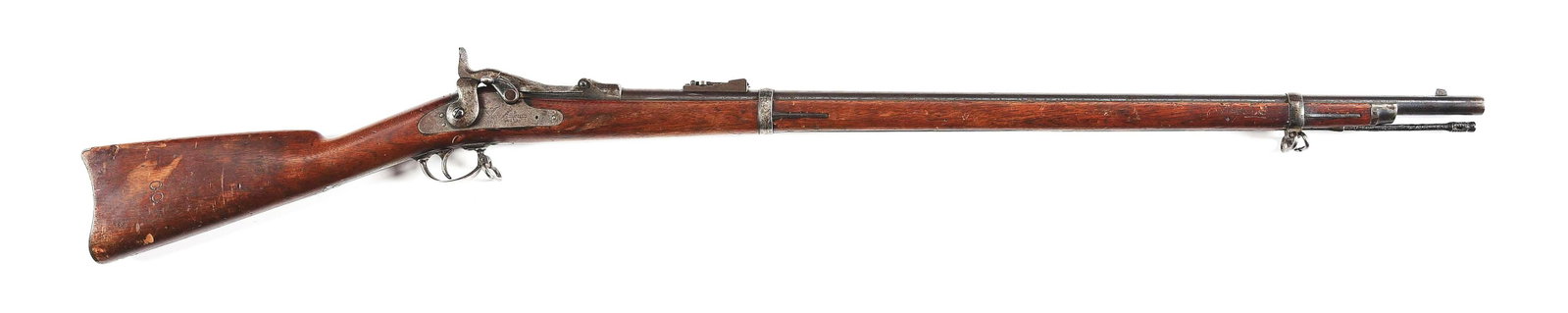 (A) EARLY U.S. SPRINGFIELD MODEL 1873 TRAPDOOR RIFLE.: Manufactured in the first quarter of 1874 with 6020 serial number. Standard military configuration with blued 32 - 5/8" barrel chambered in .45-70 and mounted with blade front sight and rifle rear sig