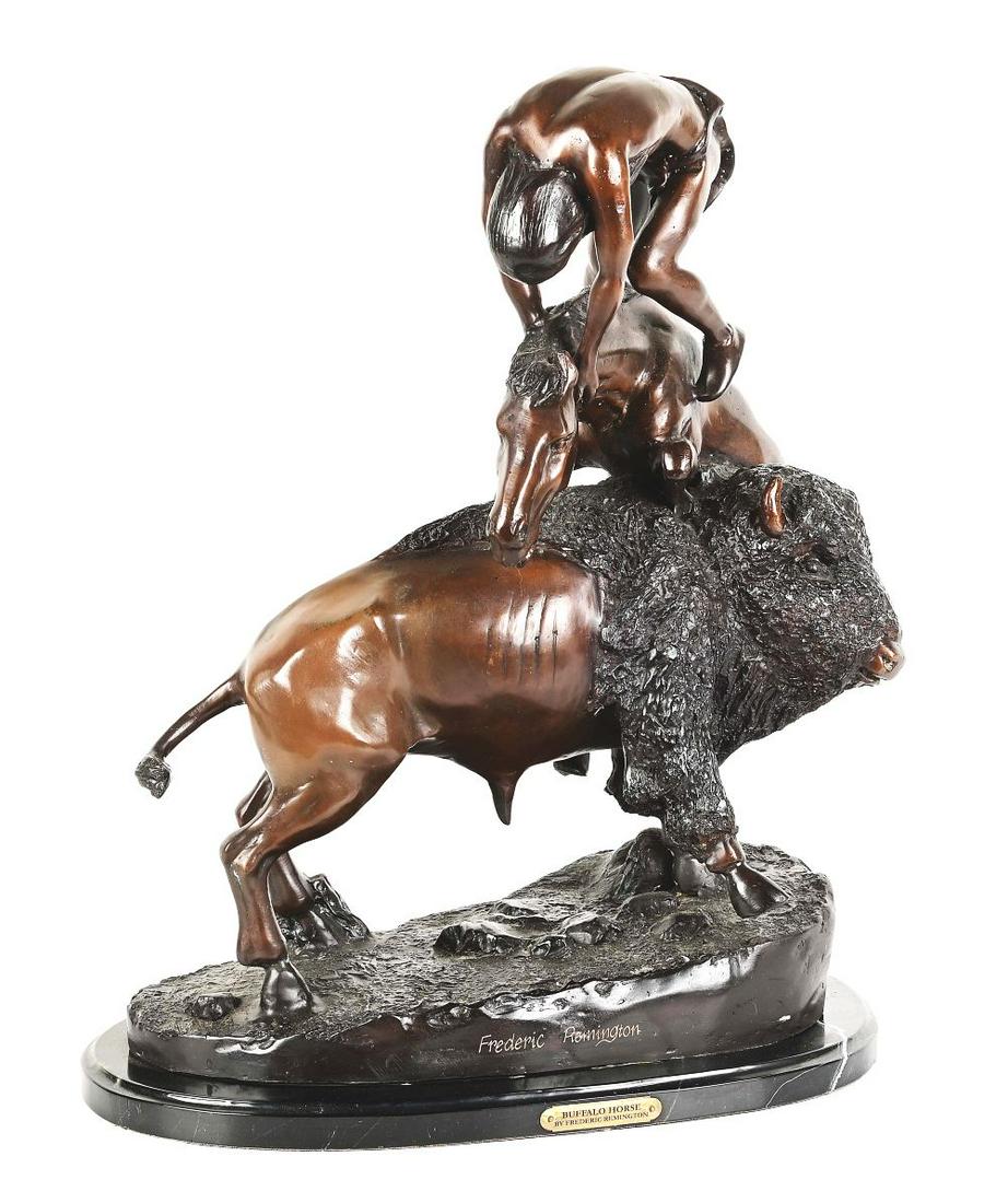 FREDERIC REMINGTON "BUFFALO HORSE" BRONZE.: 19th century after Frederic Remington’s sculpture "The Buffalo Horse"; depicts the ritual of "buffalo running" by the American Plains Indians. A Native American hunter is depicted attempting to 