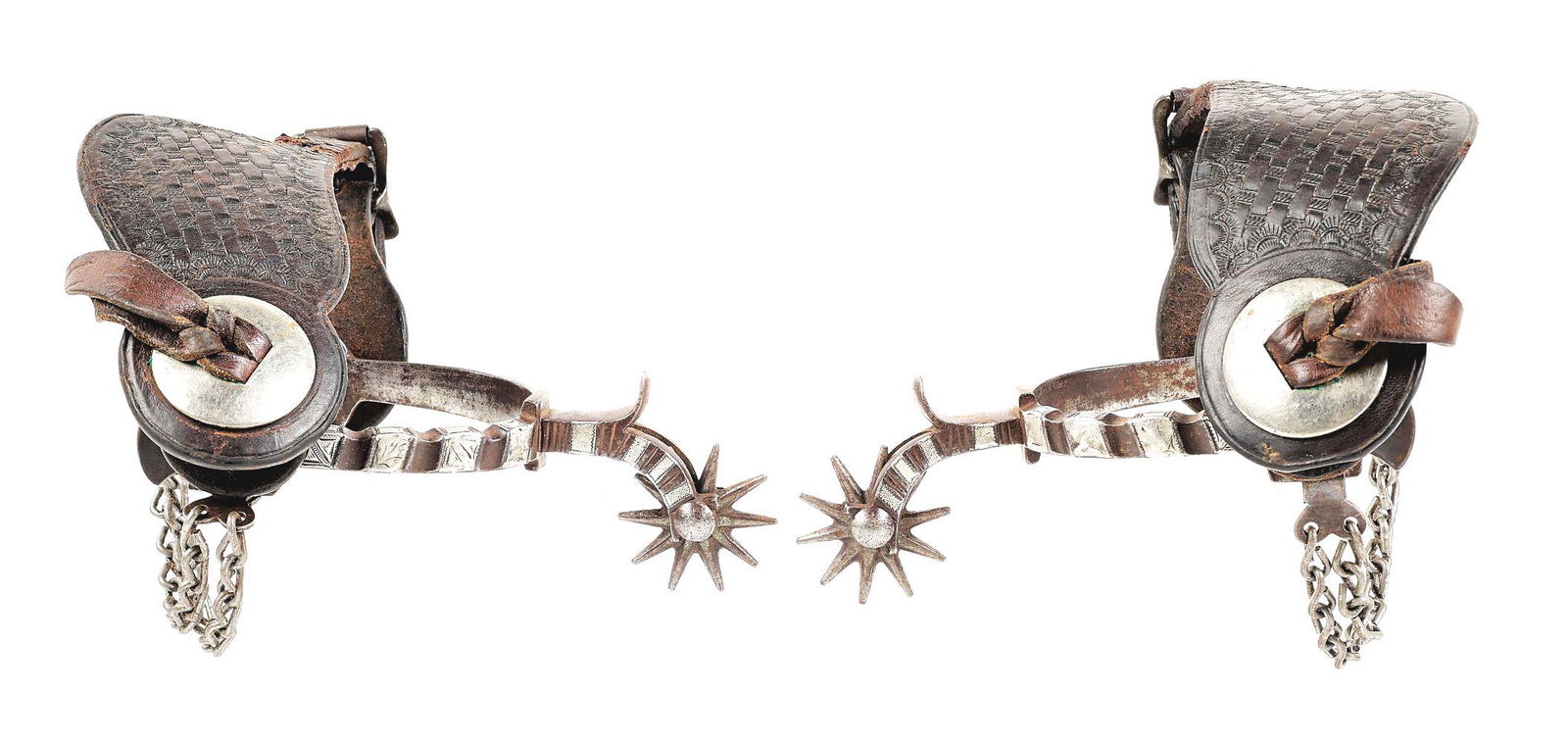 ANTIQUE BUERMANN MARKED SPURS WITH R.T. FRAZIER STRAPS.: Early 1900s August Buermann single mounted spurs. Inside heel band is chased iron with silver raised panel outside bands. Marked with the Buermann "Star STEEL" mark. Original R.T. Frazier of Pueblo, C