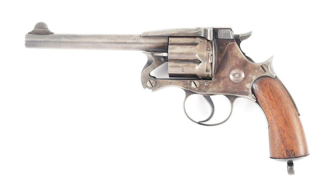 (A) ENFIELD MARK II MODEL 1882 DOUBLE ACTION REVOLVER.: Distinct .476 Enfield Mark II revolver in. 476 with "break action" extractor and loading gate on right side. Wide checkered spurred hammer. Half moon front sight dovetailed onto island, simple notch r