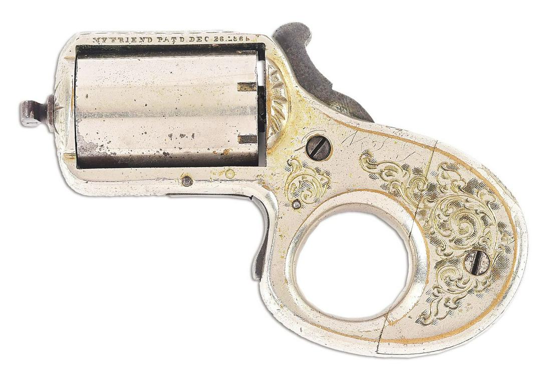 (A) JAMES REID MY FRIEND KNUCKLE DUSTER REVOLVER.: Manufactured from 1868 to 1882, quickly becoming an iconic self defense revolver that could also be used as a set of brass knuckles in hand-to-hand fighting due to its distinctive grip shape. This exa
