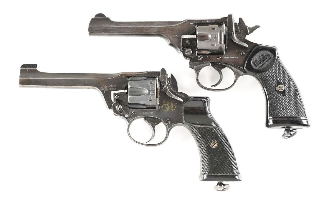 LOT OF 2: WEBLEY MK IV AND ALBION ENFIELD NO. 2 MK 1 DOUBLE ACTION REVOLVERS.: Lot consists of: (A) Webley Mark IV made in England circa the 1940s with blued 5" .38 S&W caliber flat sided barrel, "WAR FINISH" marked metal, lanyard ring, and Webley marked checkered 2-piece grips.