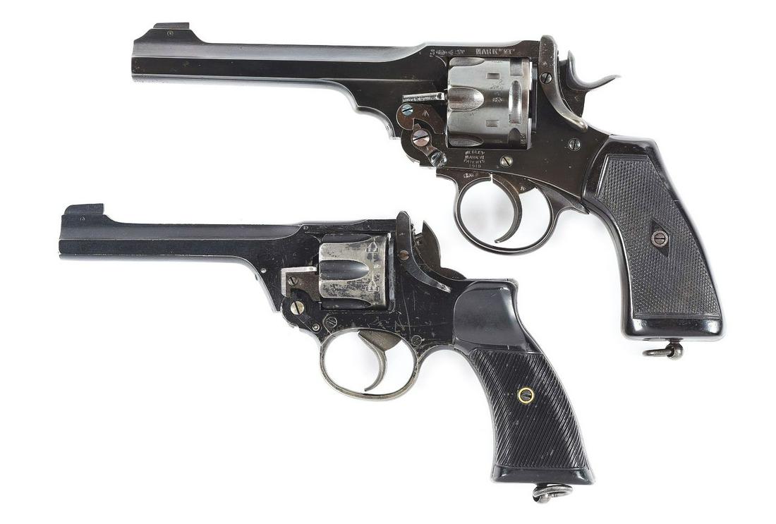 (C) LOT OF 2: WEBLEY MK VI AND ENFIELD NO. 2 MK 1 DOUBLE ACTION REVOLVERS.: Lot consists of (A) Webley Mark VI, standard configuration of the iconic British revolver. 1918 date, with appropriate British proofing throughout. Vulcanite grips, solid holster guides. In a canvas h