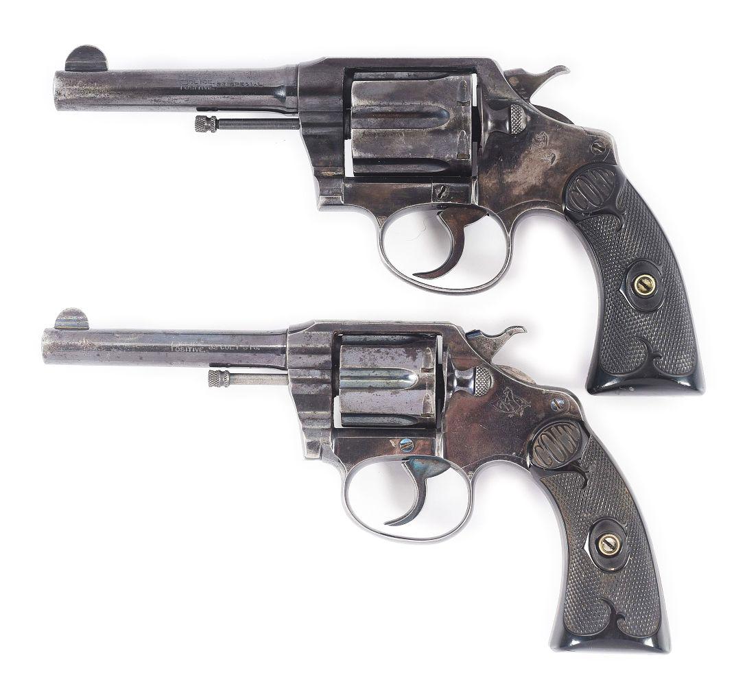 (C) LOT OF 2: COLT POLICE POSITIVE DOUBLE ACTION REVOLVERS.: Lot consists of 2 Colt Police Positives: (A) Manufactured in 1924. Round barrel with a half-moon front sight and a U notch rear sight. 2-line address and patent dates on top of the barrel. Rampant Col