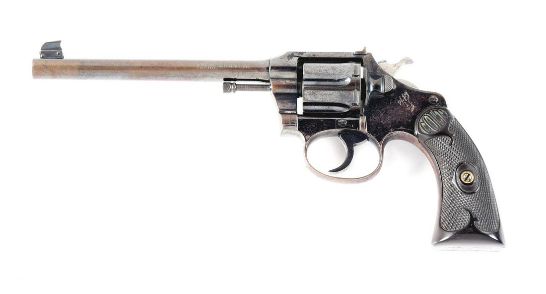 (C) COLT FLAT TOP TARGET POLICE POSITIVE DOUBLE ACTION REVOLVER.: 1915 vintage Colt Flat Top Target Police Positive double action revolver, serial number 125123. 6" round barrel chambered in .32 Police with pinned blade front sight and dovetailed adjustable target r