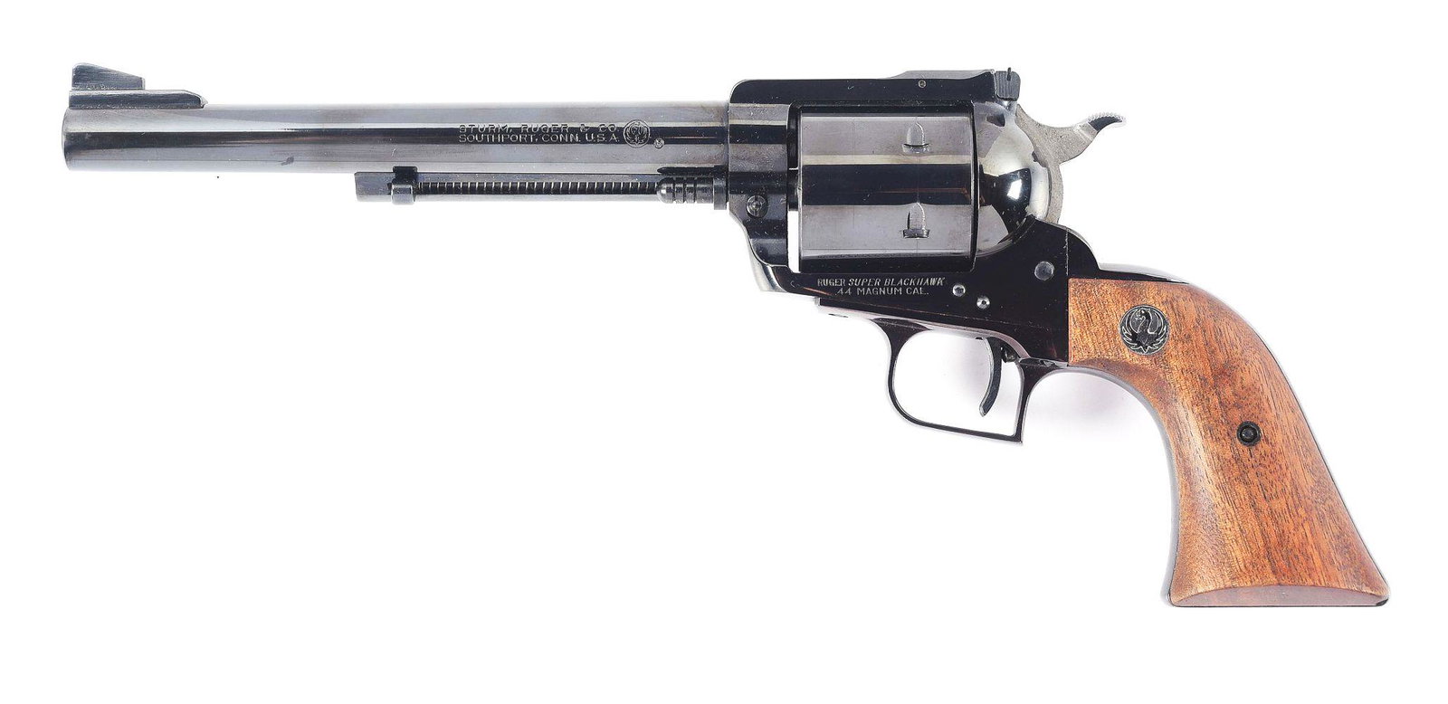 (C) RUGER SUPER BLACKHAWK SINGLE ACTION REVOLVER.: Single action revolver manufactured by Sturm Ruger and Company chambered in .44 Magnum with a blued finish. Featuring a 7 - 1/2" barrel, serrated ramped front sight, adjustable micro-click rear sight,