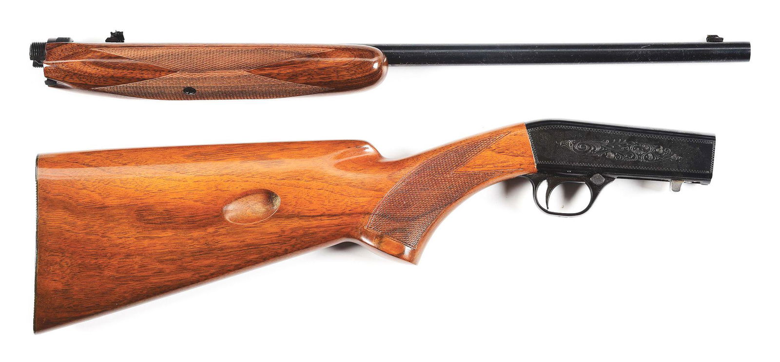 (C) BROWNING SA 22 SEMI-AUTOMATIC RIFLE GRADE I WITH BOX.: 1968 vintage Browning SA 22 Grade I semi-automatic rifle, serial number 8T90974. 19 - 1/4" round barrel chambered in .22 Long Rifle with standard sights. 2 piece checkered walnut stock and forearm. Co