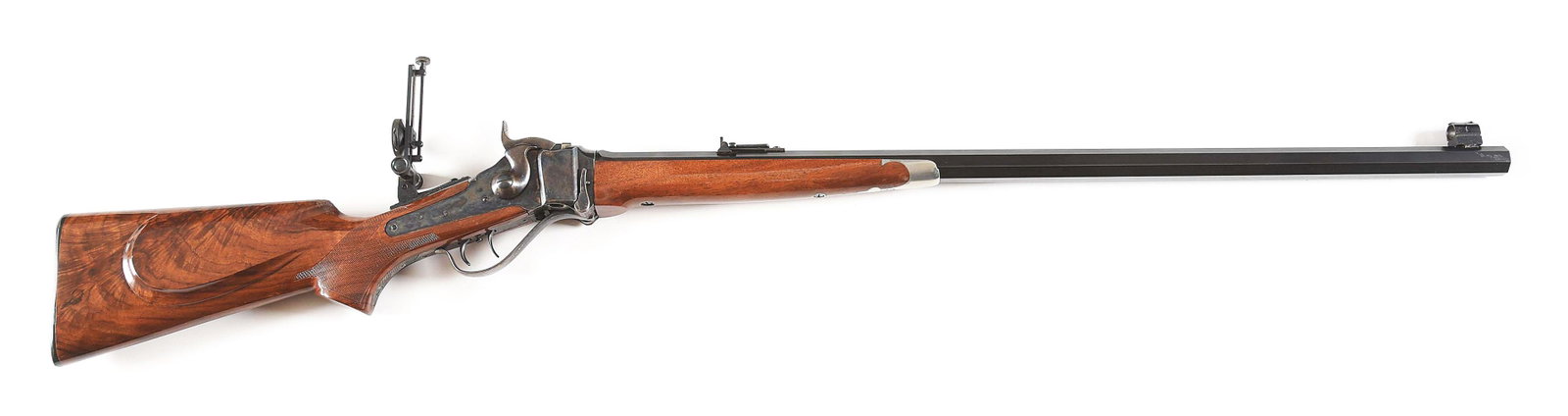 (M) SHILOH RIFLE MANUFACTURING CO SHARPS SINGLE SHOT RIFLE.: Sharps Manufacturing Co. Sharps single shot rifle. Contemporary made. "Old Reliable" marked on the barrel in script. "SHILOH RIFLE MFG. CO." marked in front of the rear sight. "CALIBRE 45" / "2 4/10" 
