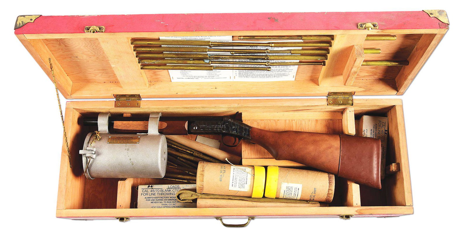(M) CASED H&R NAVAL COMPANY BRIDGER 85 LINE THROWING GUN WITH ACCESSORIES.: US Naval Co. Inc. Doylestown, PA line throwing and harpoon gun. Serial BB499352, .45-70 Blank, 14" smooth bore barrel. The base firearm is a Harrington & Richardson "Re-enforced Breech" single shot br