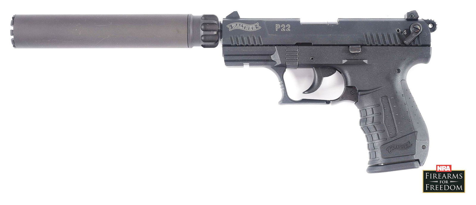 (N) WALTHER P22 SEMI-AUTOMATIC PISTOL WITH SWR SPECTRE SILENCER (SILENCER).: P22 .22 LR semi-automatic pistol manufactured by Walther in 2006 and imported by Smith & Wesson in Springfield, Massachusetts. The right side of the slide bears stampings stipulating the importer info