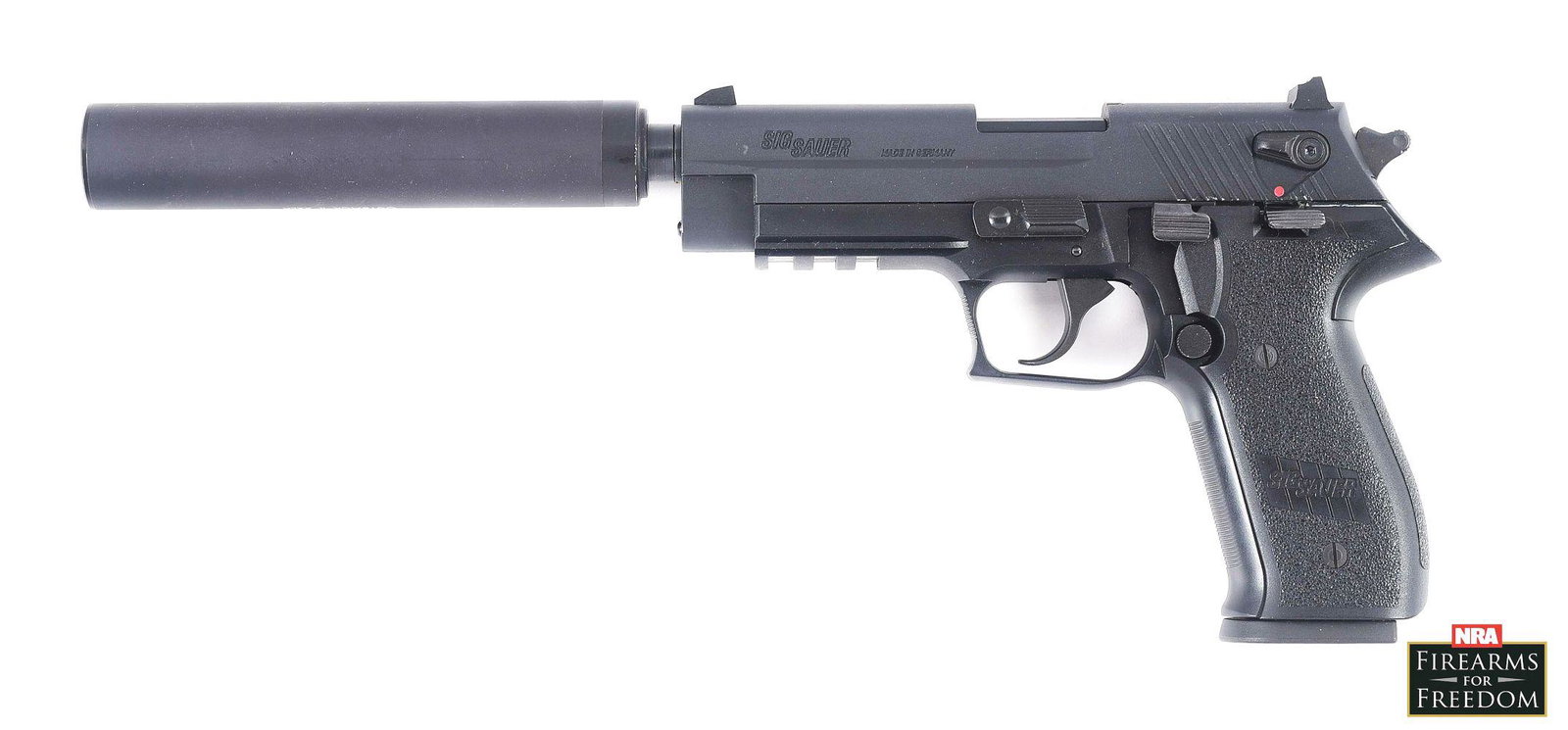 (N) SIG SAUER MOSQUITO .22 LR SEMI-AUTOMATIC PISTOL WITH GEMTECH OUTBACK-II SILENCER (SILENCER).: Mosquito pistol manufactured by Sig Sauer of Germany in 2007 and imported by Sig Sauer Inc. of Exeter, New Hampshire. The left side of the slide is stamped "SIG SAUER" followed by "MADE IN GERMANY", w