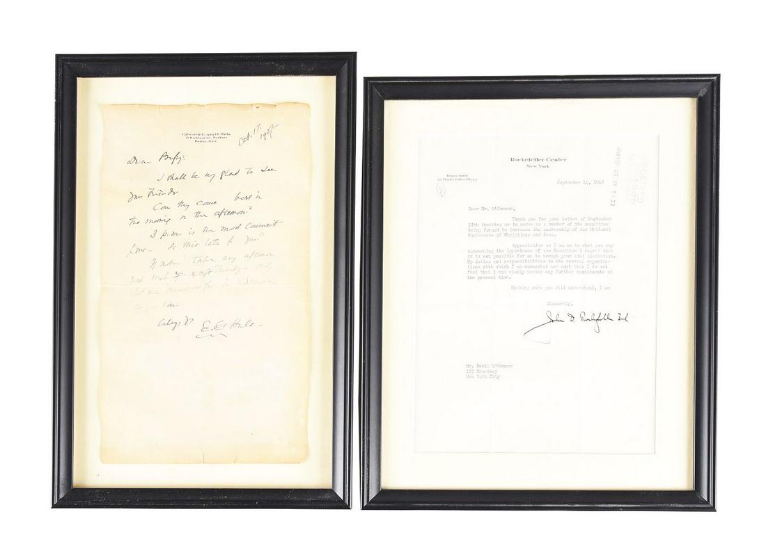 LOT OF 2: LETTERS SIGNED BY EDWARD E. HALE AND JOHN D. ROCKEFELLER.: Lot consists of 2 signed letters. (A) 1907 ALS, Edward Everett Hale, author, historian, and Unitarian minister, from Boston, 17 Oct. 1907 regarding meeting visitors. CONDITION: Very good. Modern wood 
