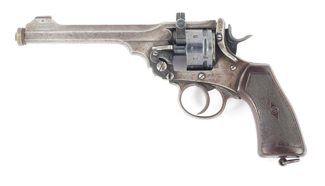 (C) WEBLEY MARK VI REVOLVER WITH SCARCE PARKER-HALE .22 CONVERSION.: Standard configuration of a Webley Mark VI manufactured in 1916 that has been fitted with a Parker-Hale .22 Conversion. Standard sights with pinned front blade and notch rear cut into top-break lever,