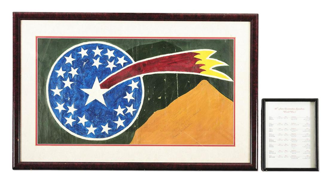 US WWI 22ND AERO SQUADRON AIRCRAFT INSIGNIA REUNION SIGNED BY PILOTS.: Commemorative painted World War I 22nd Aero Squadron insignia. The piece was created to resemble the signature logo of the 22nd Aero Squadron as it would have been painted on the side of a Spad 13 and