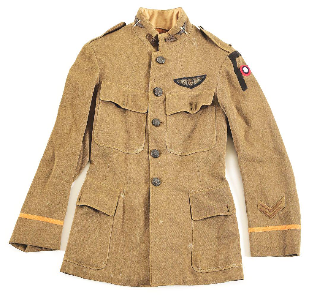 US WWI ARMY AIR SERVICE PILOT'S UNIFORM WITH GREAT INSIGNIA.: Fine example of a World War I United States Army Air Service (USAAS) pilot’s uniform jacket with nice insignia. The jacket features a great hand stitched First Army Air Service SSI with layered 