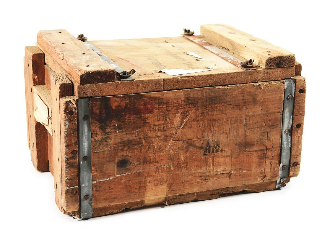 CRATE OF 1200 ROUNDS OF USGI SURPLUS .30 CARBINE: Post-War circa 1950s USGI surplus non-corrosive .30 Carbine M1 ball ammunition produced by Remington Arms. 1200 rounds total packed on 10 round stripper clips in bandoleers in 2 sealed 600 round spam