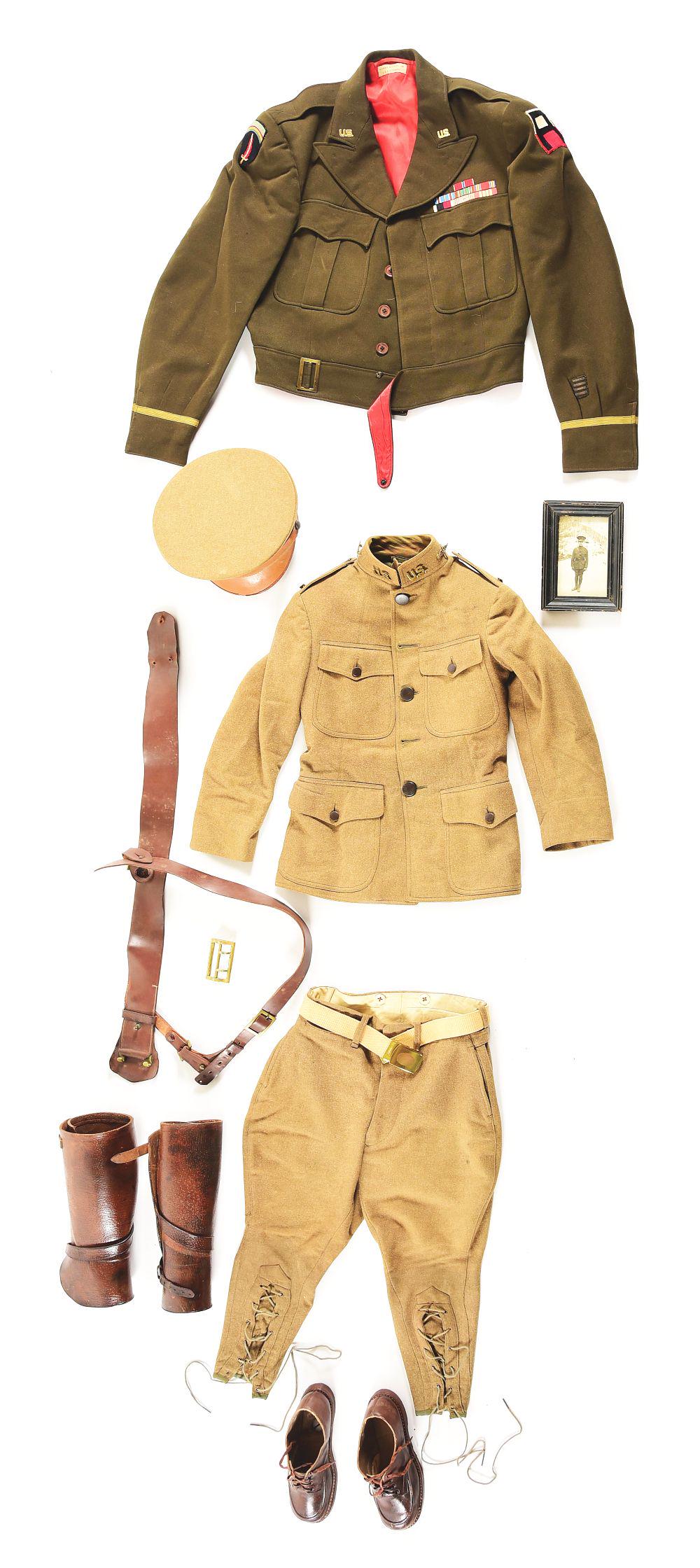 US WWI CHILD'S UNIFORM AND WWII UNIFORM OF THOMAS NICHOL JR.: Lot consists of: (A) World War I child's uniform that is complete with all of its pieces which include jacket, pants, belt, leather leggings, hat, and shoes. The uniform also comes with a photo of the