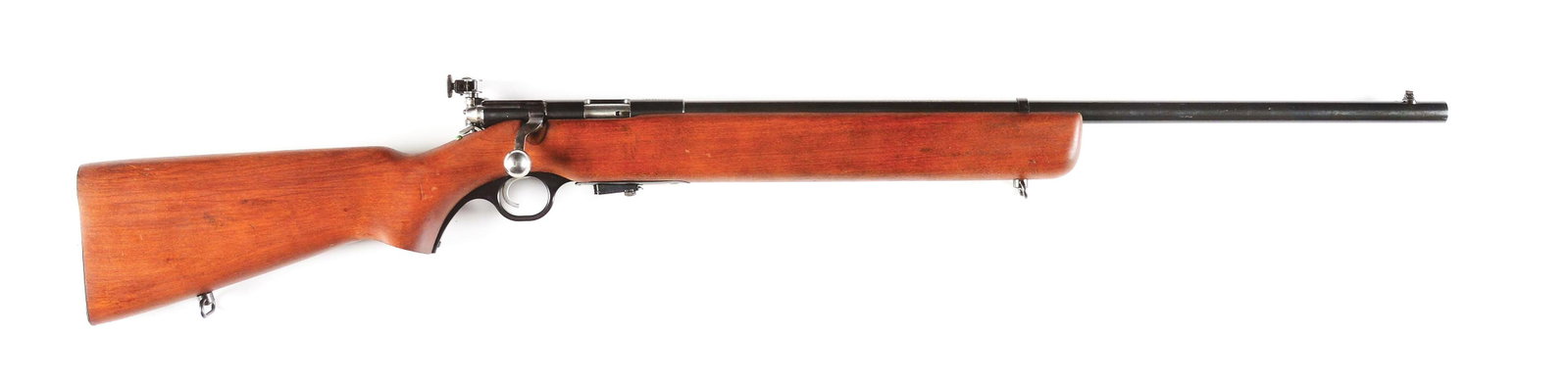 (C) UNITED STATES PROPERTY MARKED MOSSBERG MODEL 44 .22 LR BOLT ACTION TRAINER RIFLE.: Mossberg Model 44US made by O.F. Mossberg and Sons from 1943-1944. Blued "U.S. PROPERTY" marked medium weight barrel with dovetail blade front sight and no rear sight provision. Blued "U.S. PROPERTY" 