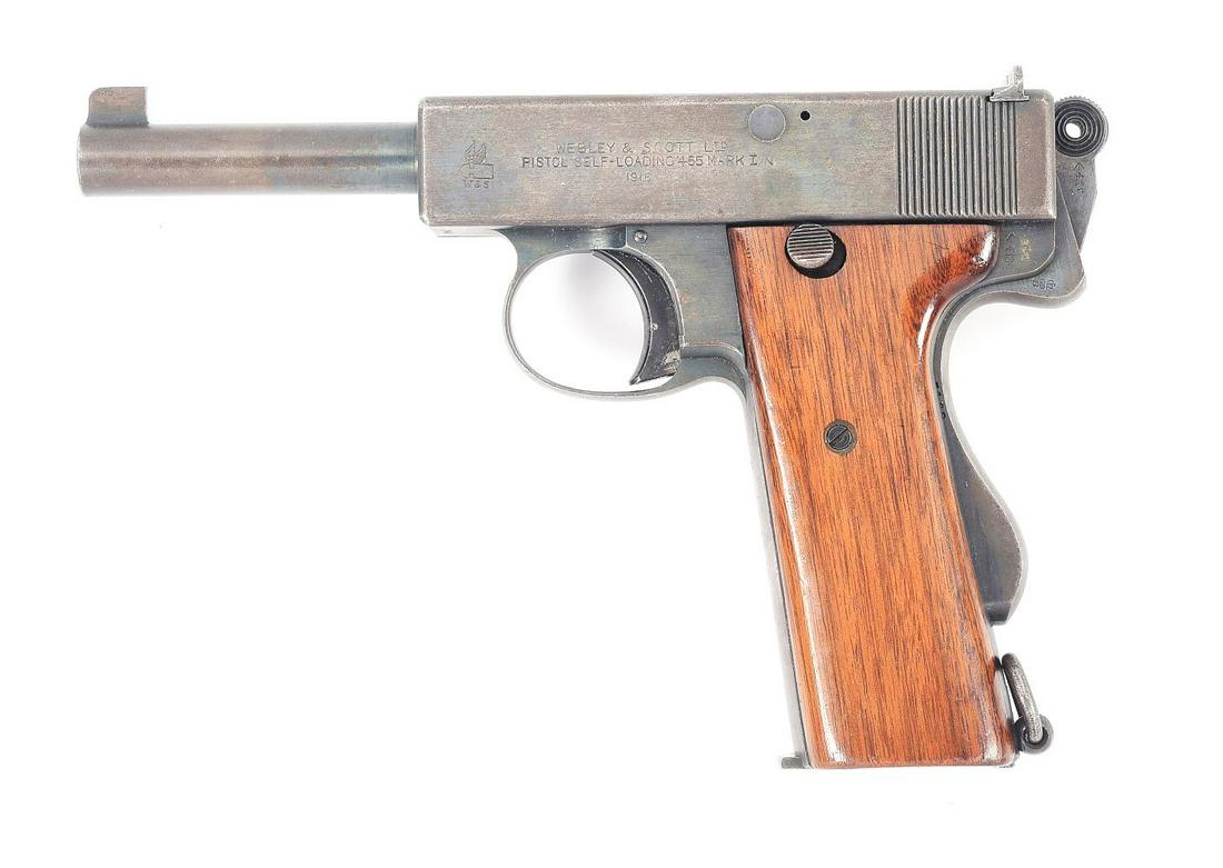 (C) WEBLEY MARK I NAVY MODEL SEMI AUTOMATIC PISTOL.: These pistols were approved for the British Navy on May 19th, 1913. This example falls into the third shipment of guns between 5/4/1915 and 7/13/1915; see "Webley & Scott: Automatic Pistols" by Gordon