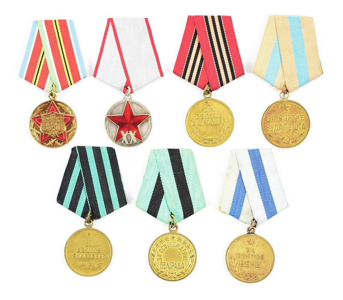 LOT OF 7: SOVIET WWII BATTLE MEDALS.: Lot contains Soviet WWII battle capture medals for Belgrade, Berlin, Vienna, Budapest, and Koenigsberg. Lot also contains a 20-year medal for the "Red Army and Peasants", and another for "Strengthenin