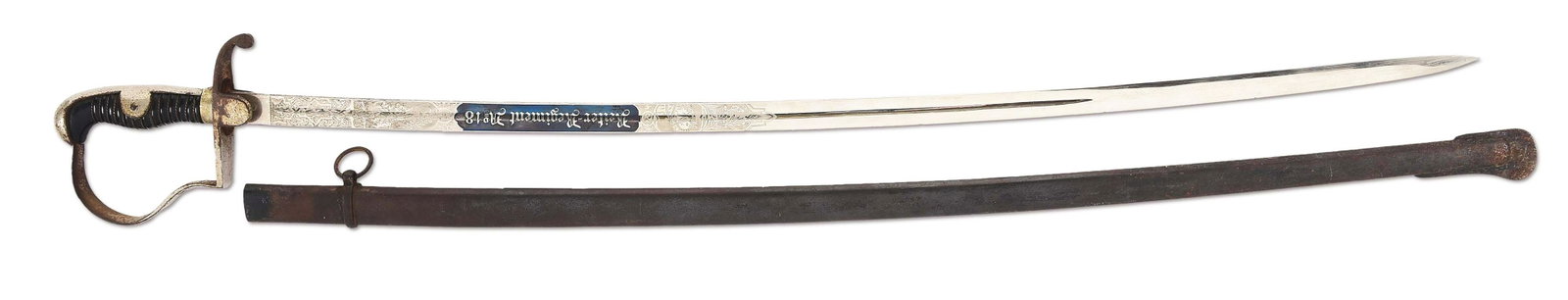 GERMAN REICHSWEHR "REITER REGIMENT 18" CAVALRY TRIPLE ETCHED SWORD.: German Reichswehr post-World War I cavalry sword with a "WKC" marked nickel plated steel blade, with scattered light marks, several tiny nicks, and freckling on the upper 1" of the blade near the cros