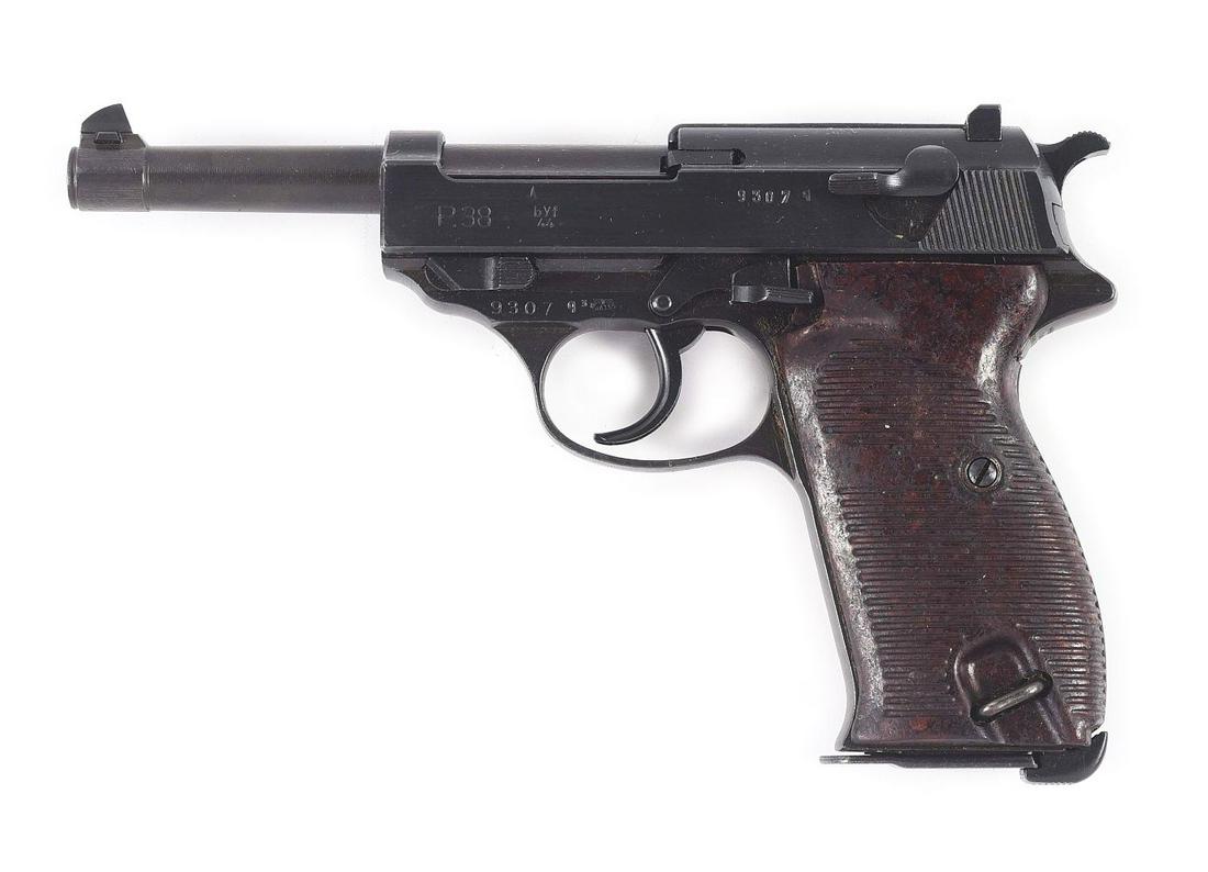 (C) HIGH CONDITION GERMAN WORLD WAR II MAUSER "BYF/44" P.38 SEMI-AUTOMATIC SEMI-AUTOMATIC PISTOL: Standard configuration P.38 manufactured at the Mauser arsenal in 1944. The left side of the slide is stamped "P.38" followed by "byf / 44" and the serial number, with the right side bearing a Mauser 