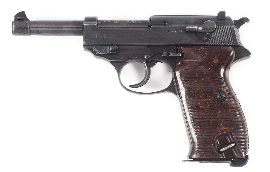 (C) VERY NICE GERMAN WWII MAUSER "BYF/44" CODE P.38 SEMI-AUTOMATIC PISTOL.: Standard configuration P.38 manufactured by Mauser in 1944. The left side of the slide is stamped "P.38" followed by "byf/44" and the serial number, with the right side bearing "(Eagle) / WaA135" waff