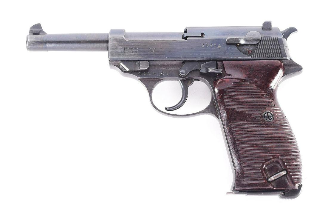 (C) MAUSER P-38 SEMI-AUTOMATIC PISTOL.: German P-38 pistol made in 1943 by Mauser. Blued slide with correct "WaA135" waffenampf markings on left hand side and "P-38" with Mauser stack date "byf/43" with matching serial numbered 2028I on rig