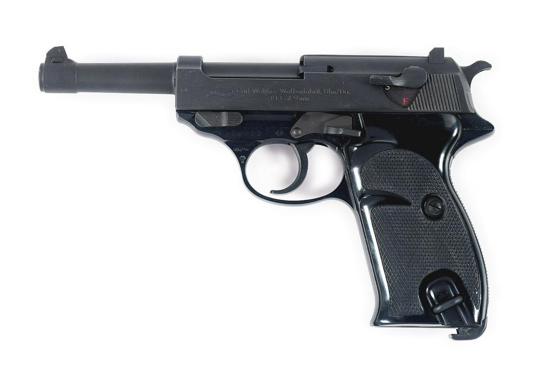 (C) EXCELLENT WEST GERMAN WALTHER P1 SEMI-AUTOMATIC PISTOL WITH MATCHING BOX & ACCESSORIES.: P1 pistol manufactured by Walther in 1968. The left side of the slide bears the Walther banner logo followed by stampings stipulating the model and caliber designations, with the right side bearing a
