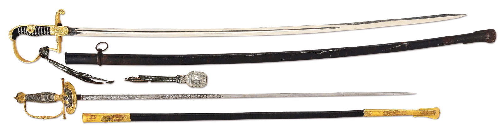 LOT OF 2: GERMAN IMPERIAL AND WWII SWORDS.: Lot contains: (A) Imperial German officer's court sword with a "WKC" and "No3" marked double etched blade with scattered marks and a couple of spots of light freckling. Wire wrapped grip has light wea