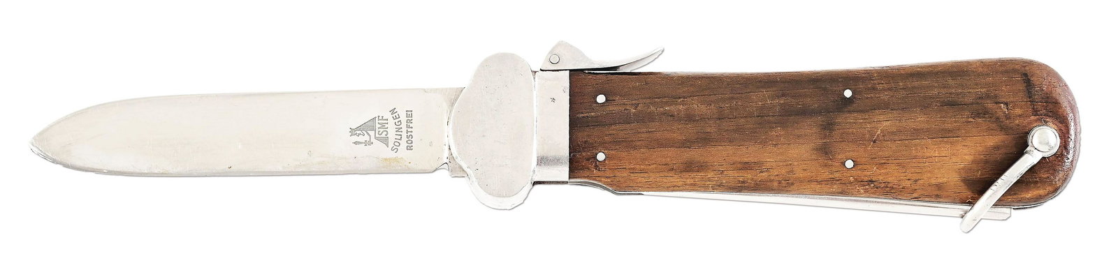 WWII GERMAN LUFTWAFFE GRAVITY KNIFE BY SMF SOLINGEN.: 6-1/8" closed, 10-3/16 fully open. c. 1937-1941. Pattarozzi Type 1a FKm with spear point blade etched with knight logo and SMF SOLINGEN ROSTFREI, marlinspike blade stamped with stick eagle logo and th