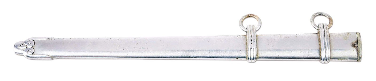 THIRD REICH SECOND MODEL RAILWAY DAGGER SCABBARD.: Third Reich Second Model Railway Dagger Scabbard made of silver plated steel. The scabbard remains in unissued condition. Finding an original 2nd Model Railway Dagger Scabbard by itself is tough. Iif