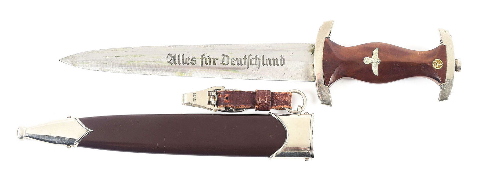 THIRD REICH SA DAGGER.: Third Reich SA dagger with a "RZM, M7/85" marked nickel-plated steel blade with light runner and scattered marks, very light freckling, and very visible cross graining. Blade retains grease which will