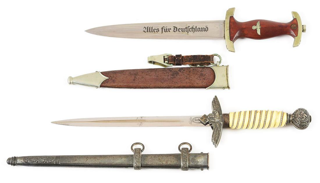 LOT OF 2: THIRD REICH SA DAGGER AND LUFTWAFFE DAGGER.: Lot contains: (A) Early Third Reich SA dagger with a "E.P.&S., Solingen" marked nickel-plated steel blade with moderate runner and scattered marks, cross graining, and approximately a dozen shallow ni
