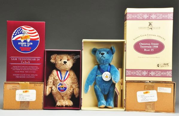 Lot of 2: Steiff Teddy Bears.: Description Lot includes a 1908 replica bear and an "Uncle Sam" bear. Condition (Mint).