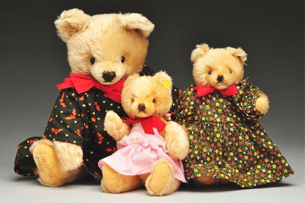 Lot of 3: Steiff Teddy Bears In Various Dresses.: Condition (Excellent).