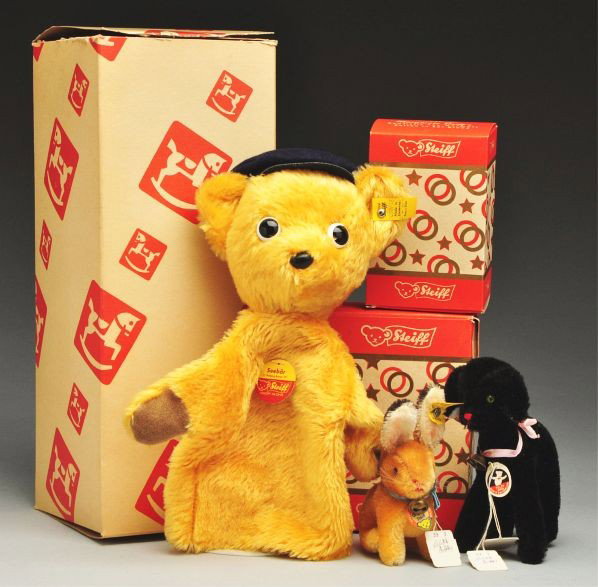 Lot of 3: Small Steiff Animals In Boxes.: Description Lot includes a black lamb, a rabbit, and a seebar puppet. Condition (Excellent).