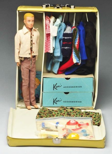 Painted Hair Ken Doll with Clothes & Case.: Description This lot includes an original 1961 blonde painted hair Ken doll with assorted clothing and accessories. Also includes a vinyl case. Condition (Excellent).